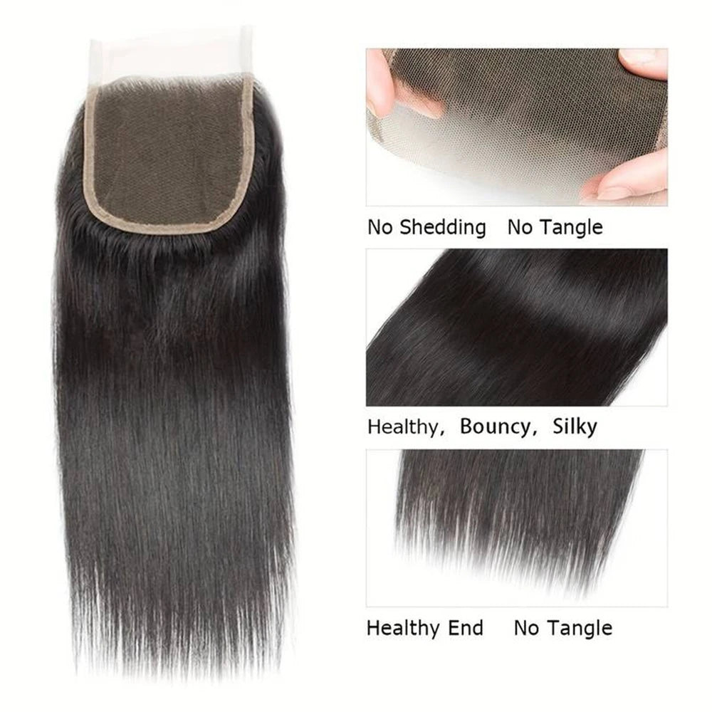4x4 Closure Hand Tied Swiss Lace Human Hair Closure  Natural Brazilian Hair Straight Closure Lace Closure Human Hair For Women