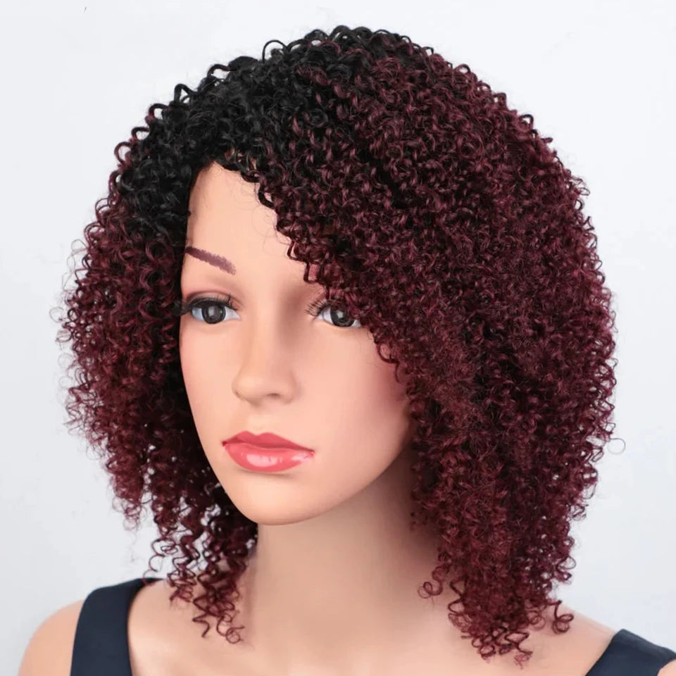 Sleek Peruvian Afro Kinky Curly Human Hair Wigs Human Hair Wig With Bangs Natural Black Jerry Curly Short Bob Wig For Women