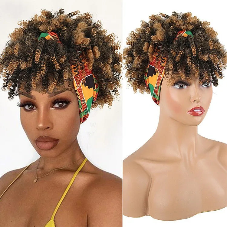 Short Afro Curly Wigs with Bangs Wrap Headband Wigs 2 in 1 Synthetic Turban Wig Afro Scarf Wig 4inch Natural Curly Cosplay Wig