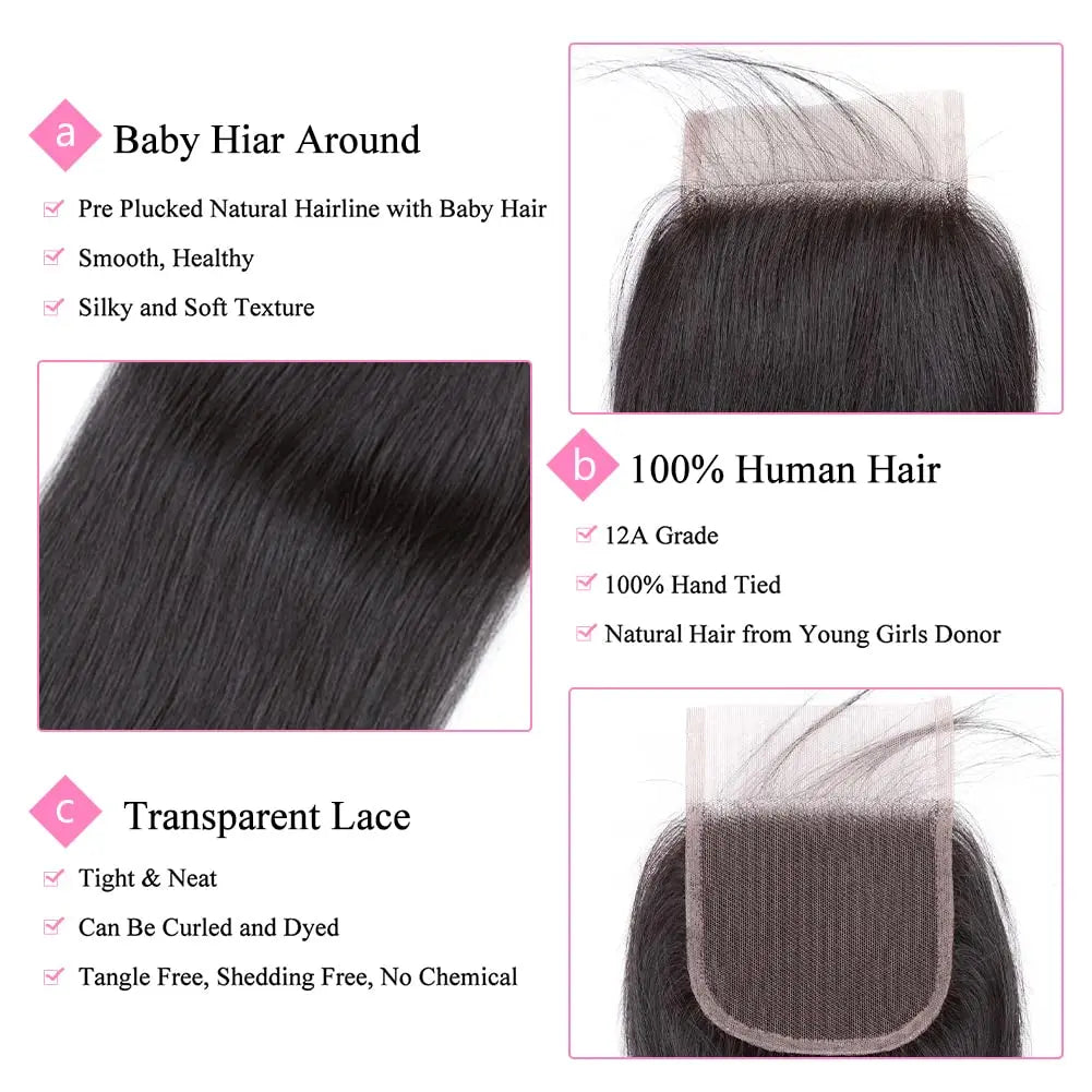 4x4 Closure Hand Tied Swiss Lace Human Hair Closure  Natural Brazilian Hair Straight Closure Lace Closure Human Hair For Women