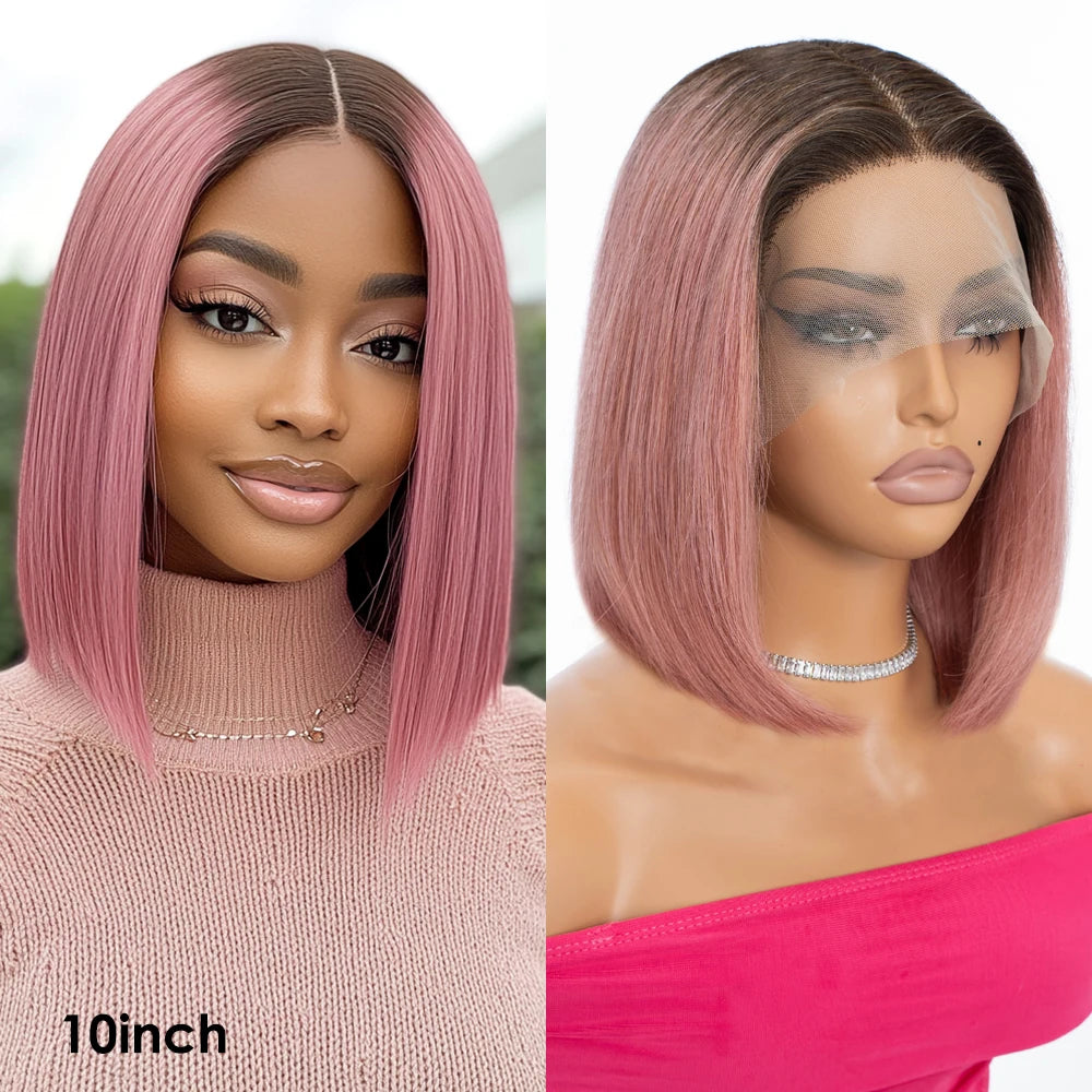 Sleek Ombre Pink Transparent Short T Lace Bob Human Hair Wigs Peruvian Straight 13x6x2 Lace Front Wig For Women Pre Plucked