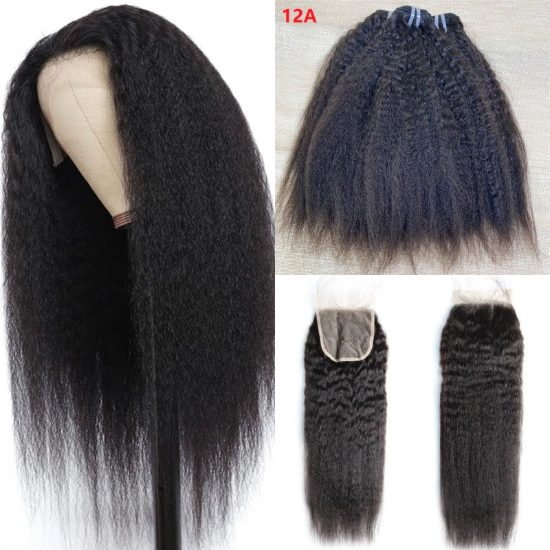 XBL Hair Kinky Straight Human Hair 3 Bundles with 4x4 Lace Closure