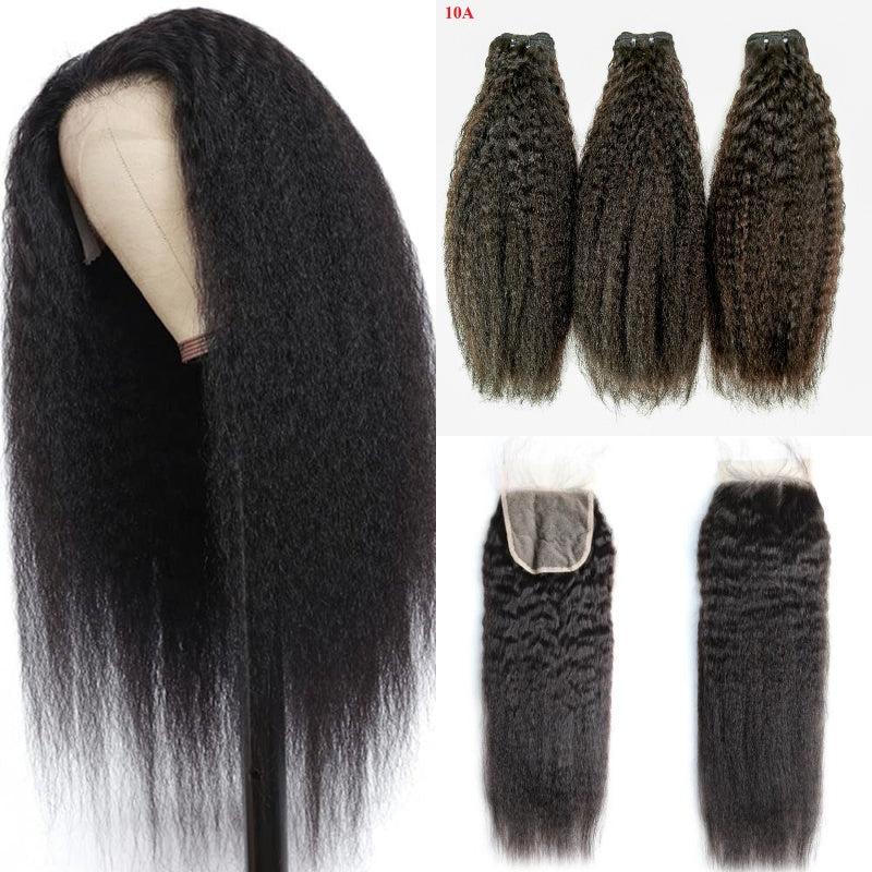 XBL Hair Kinky Straight Human Hair 3 Bundles with 4x4 Lace Closure