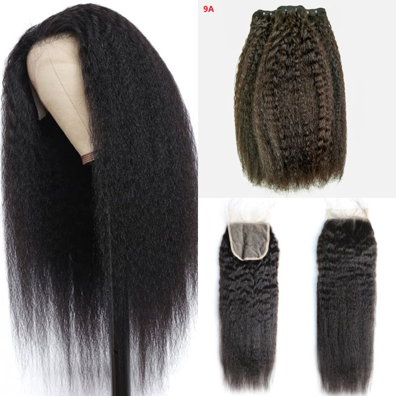 XBL Hair Kinky Straight Human Hair 3 Bundles with 4x4 Lace Closure